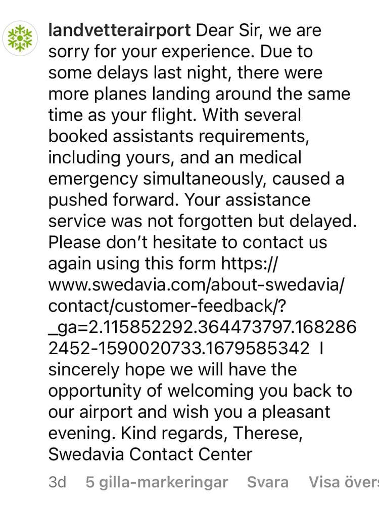 Landvetter flygplats svar på Adrians Instagram-inlägg.